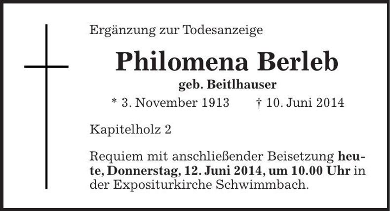 Traueranzeige Philomena Berleb
