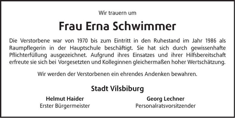 Traueranzeige Erna Schwimmer