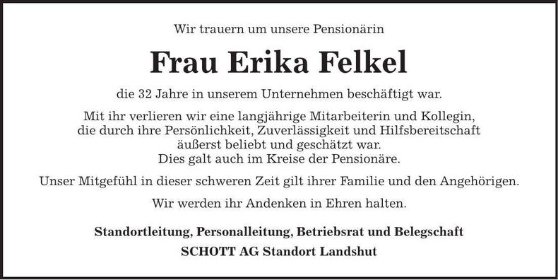 Traueranzeige Erika Felkel