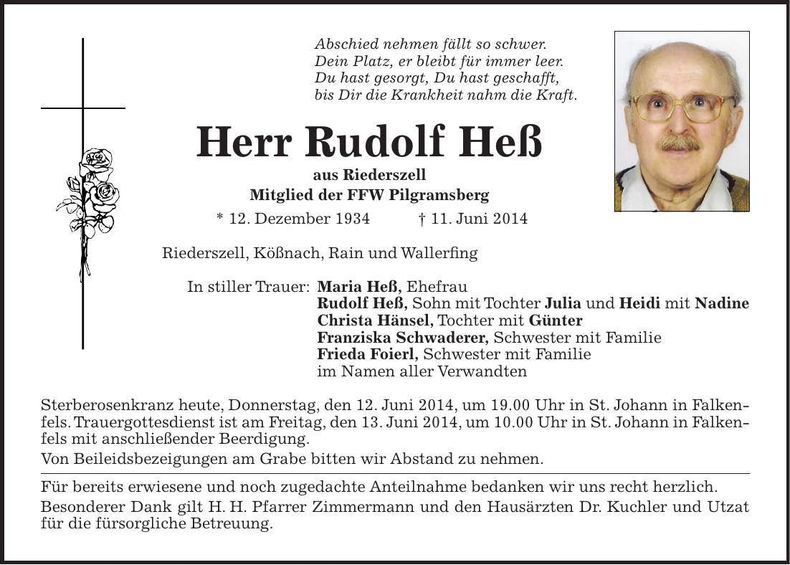 Traueranzeige Rudolf Heß