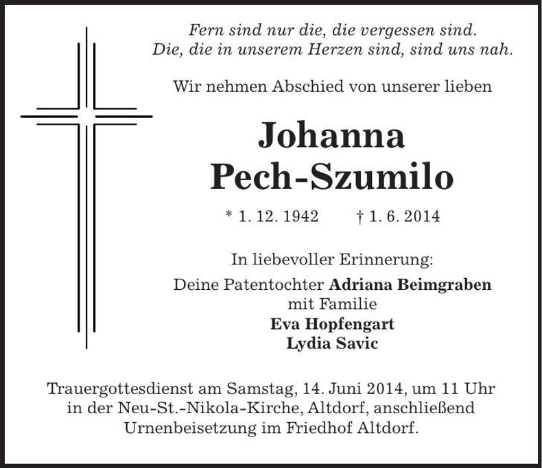 Traueranzeige Johanna Pech-Szumilo