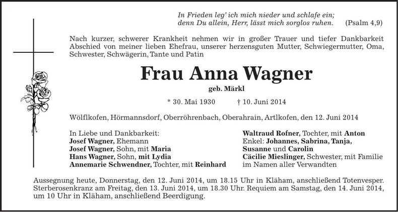Traueranzeige Anna Wagner