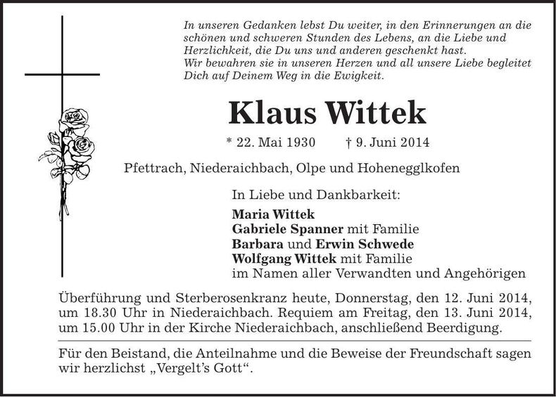 Traueranzeige Klaus Wittek