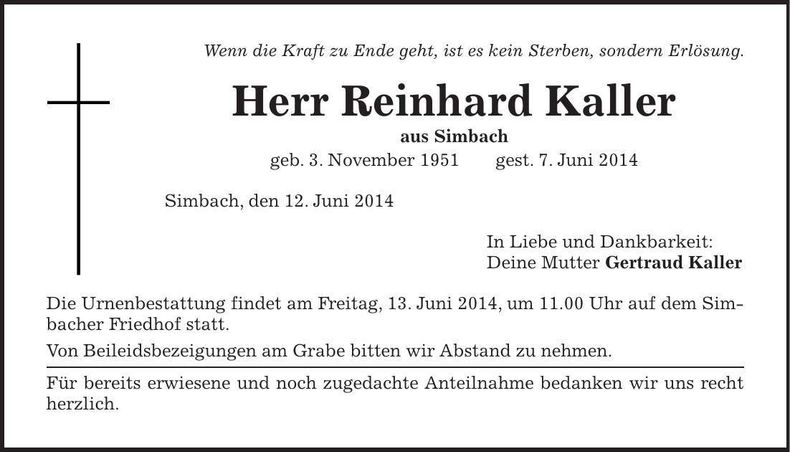 Traueranzeige Reinhard Kaller