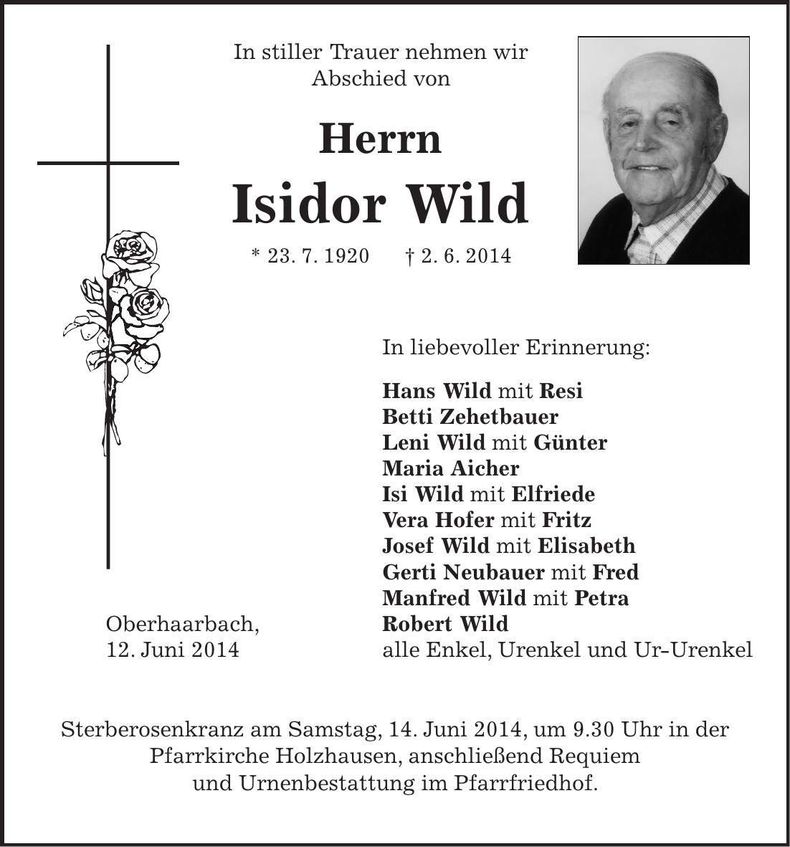 Traueranzeige Isidor Wild