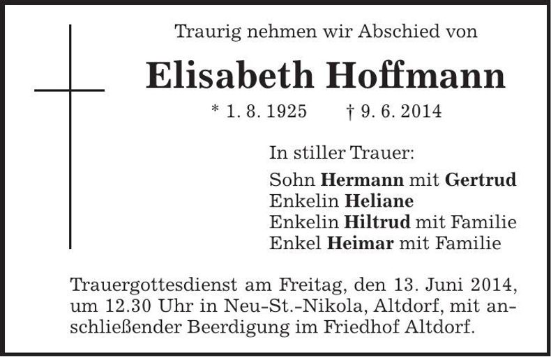 Traueranzeige Elisabeth Hoffmann