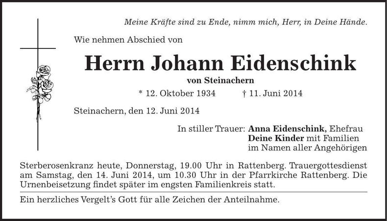 Traueranzeige Johann Eidenschink