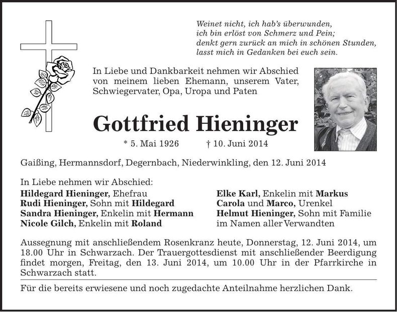 Traueranzeige Gottfried Hieninger