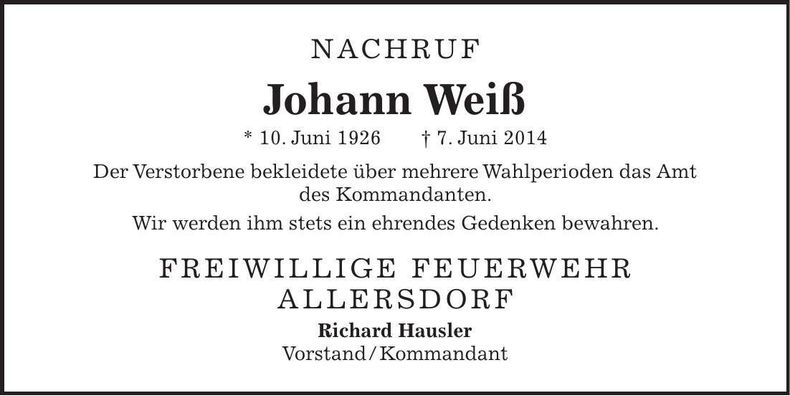 Traueranzeige Johann Weiß