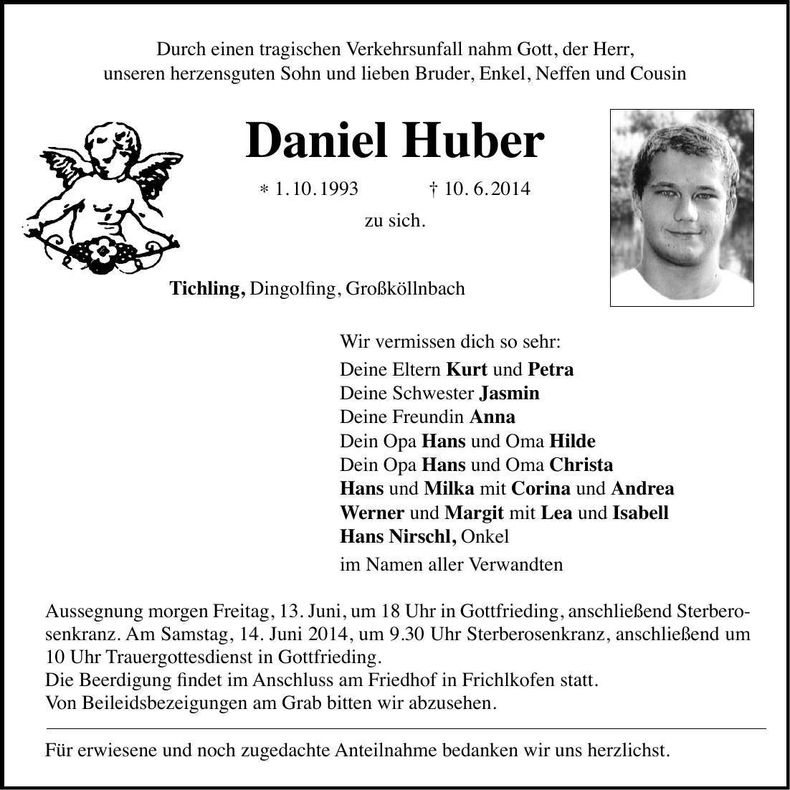 Traueranzeige Daniel Huber