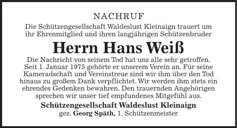 Traueranzeige Hans Weiß