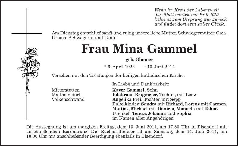 Traueranzeige Mina Gammel