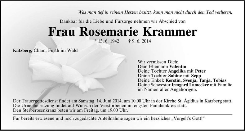 Traueranzeige Rosemarie Krammer