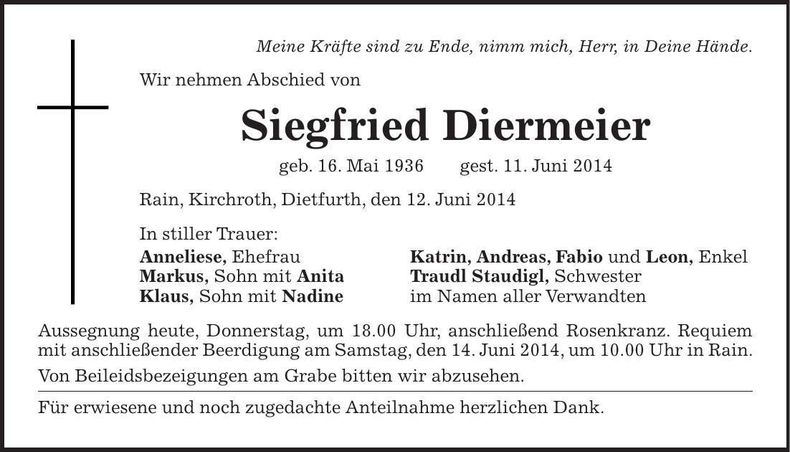 Traueranzeige Siegfried Diermeier