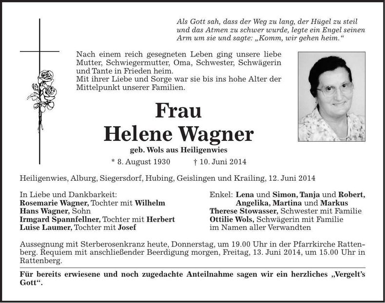 Traueranzeige Helene Wagner