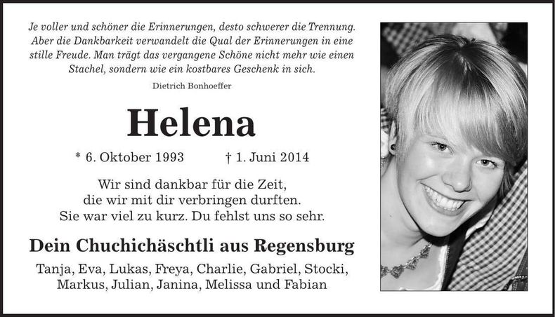 Traueranzeige Helena Mühlbauer