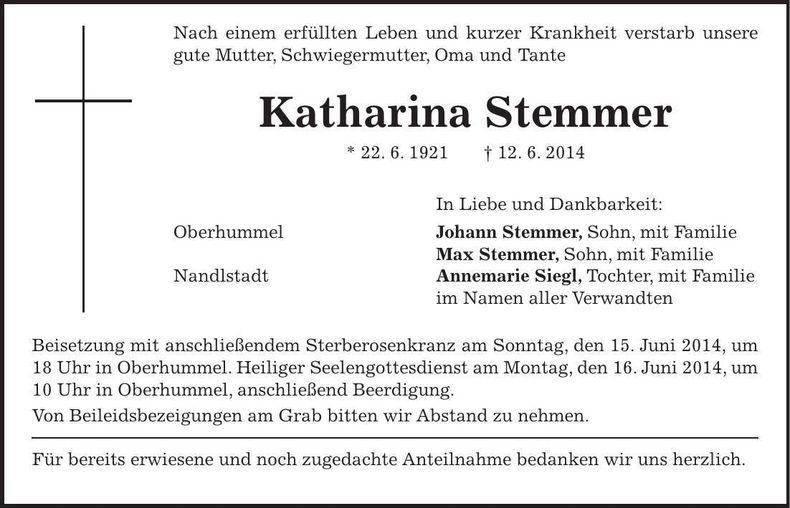 Traueranzeige Katharina Stemmer