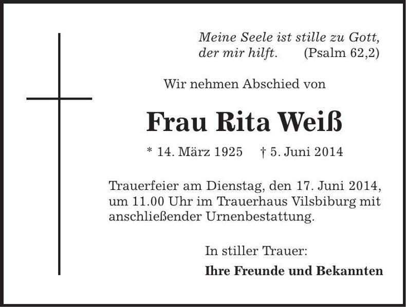Traueranzeige Rita Weiß