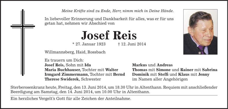 Traueranzeige Josef Reis