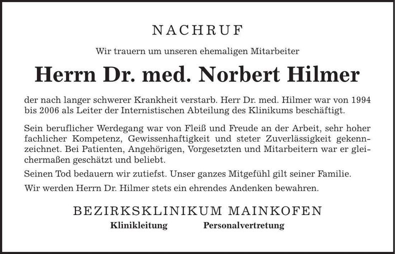 Traueranzeige Dr. med. Norbert Hilmer