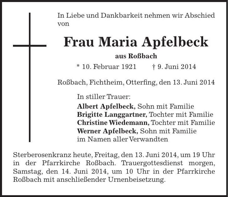 Traueranzeige Maria Apfelbeck