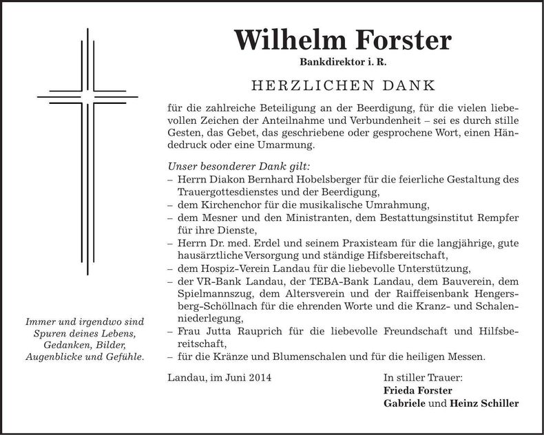 Traueranzeige Wilhelm Forster