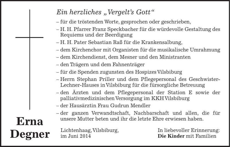 Traueranzeige Erna Degner