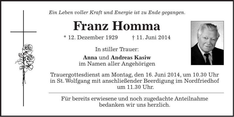 Traueranzeige Franz Homma
