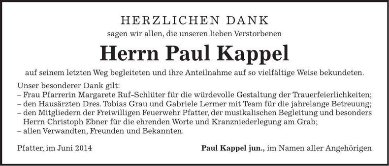 Traueranzeige Paul Kappel