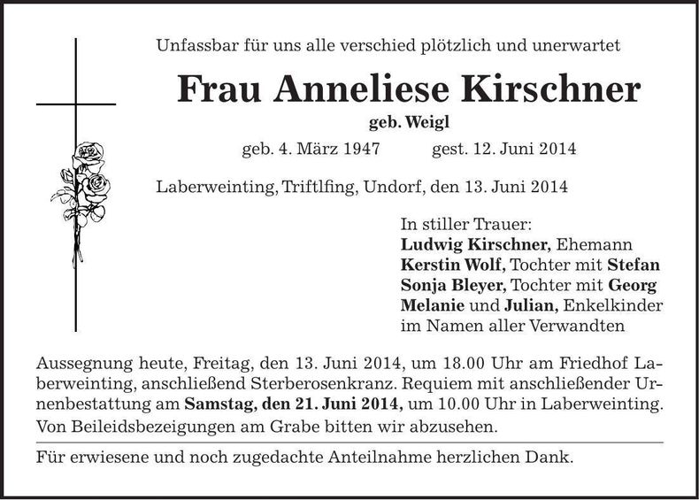 Traueranzeige Anneliese Kirschner