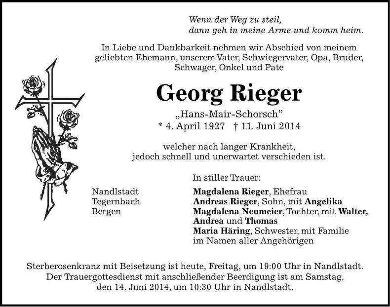 Traueranzeige Georg Rieger