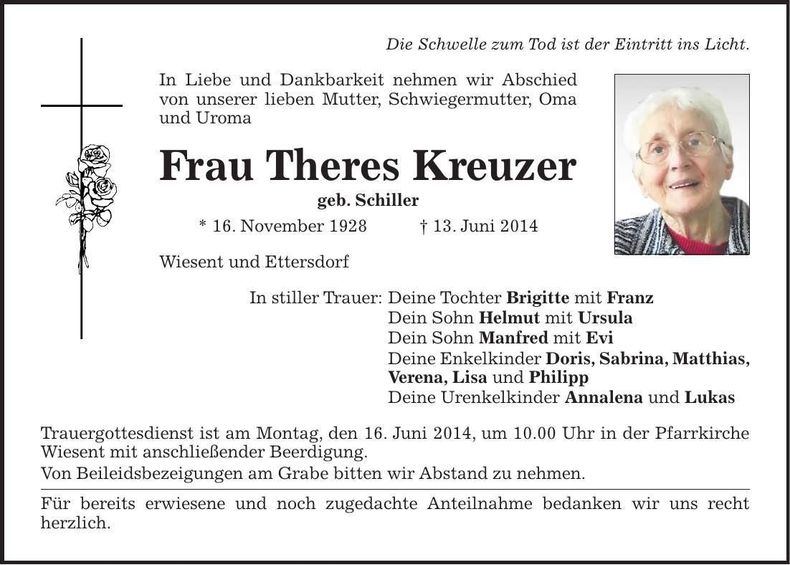 Traueranzeige Theres Kreuzer