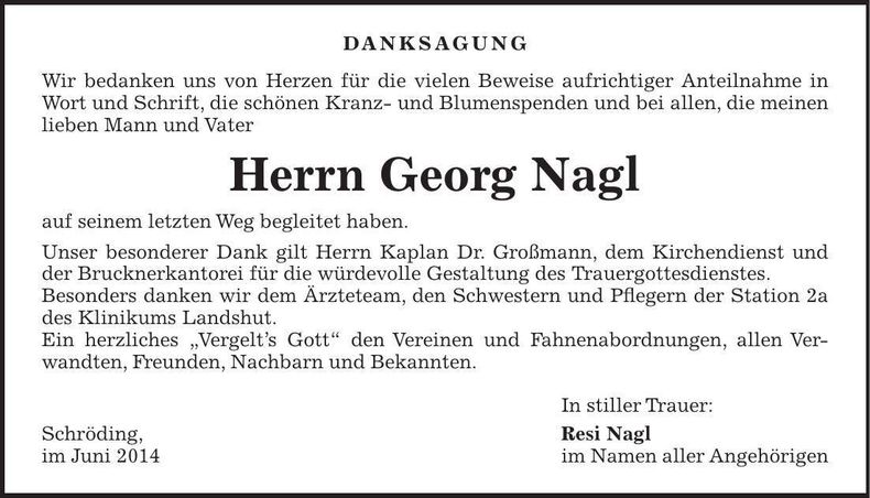 Traueranzeige Georg Nagl