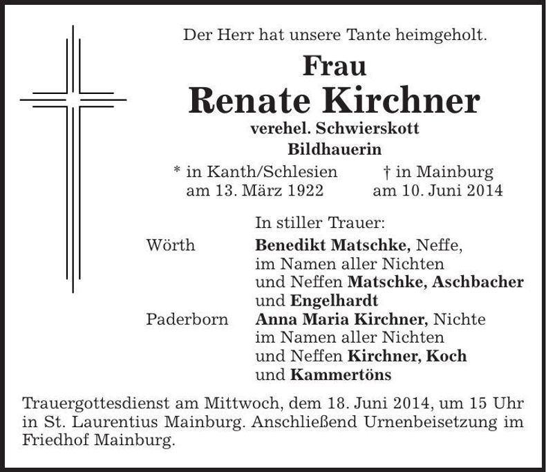 Traueranzeige Renate Schwierskott