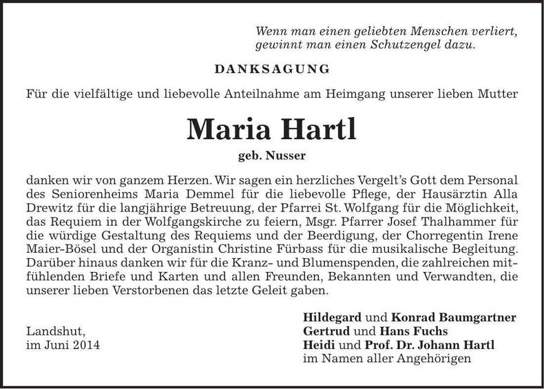 Traueranzeige Maria Hartl