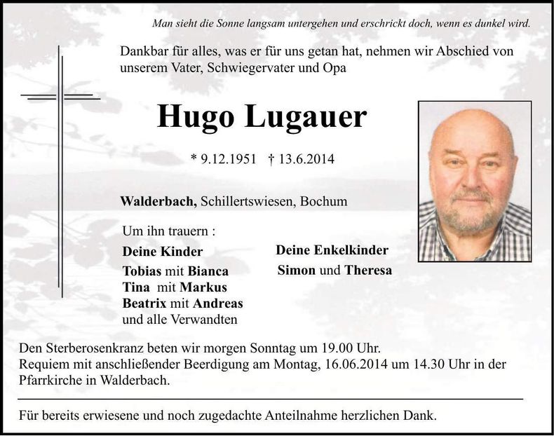 Traueranzeige Hugo Lugauer