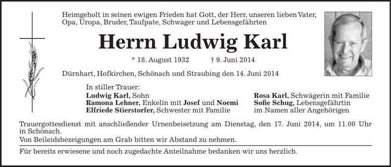 Traueranzeige Ludwig Karl