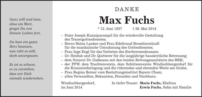 Traueranzeige Max Fuchs