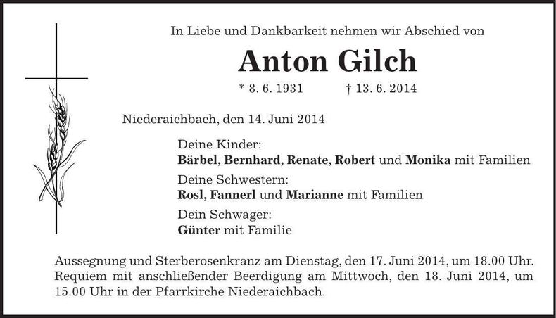 Traueranzeige Anton Gilch