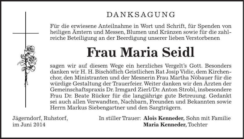 Traueranzeige Maria Seidl
