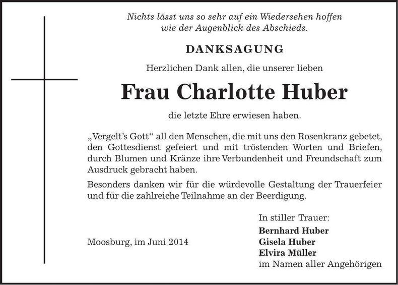Traueranzeige Charlotte Huber