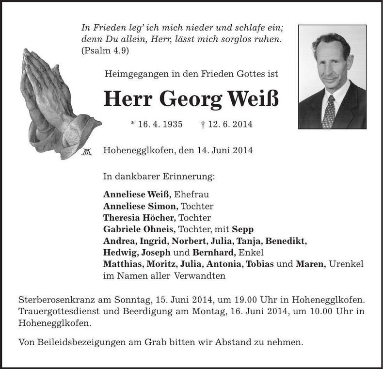 Traueranzeige Georg Weiß
