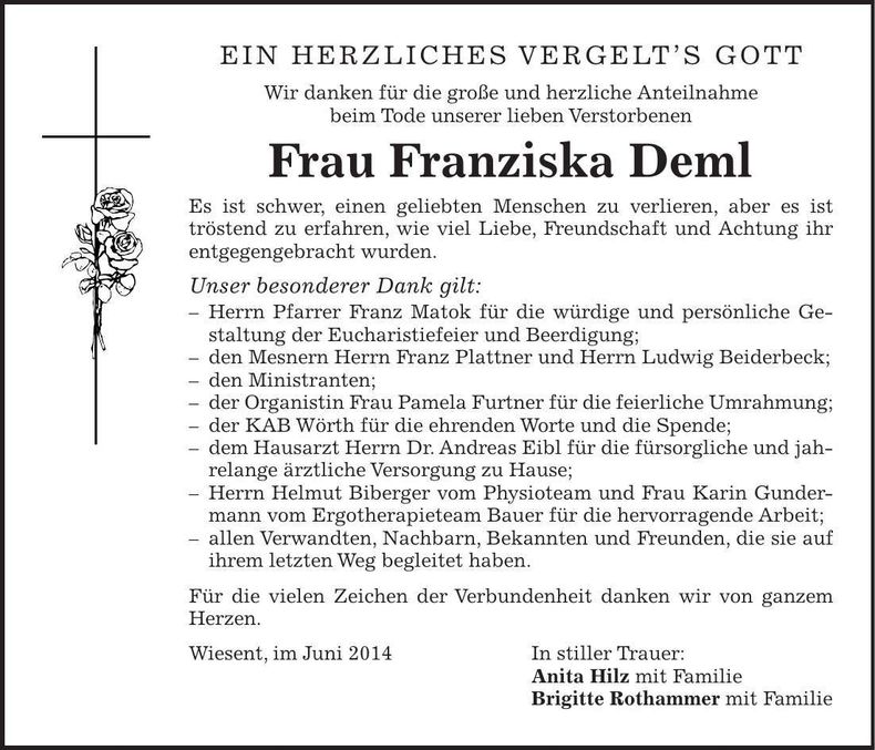 Traueranzeige Franziska Deml
