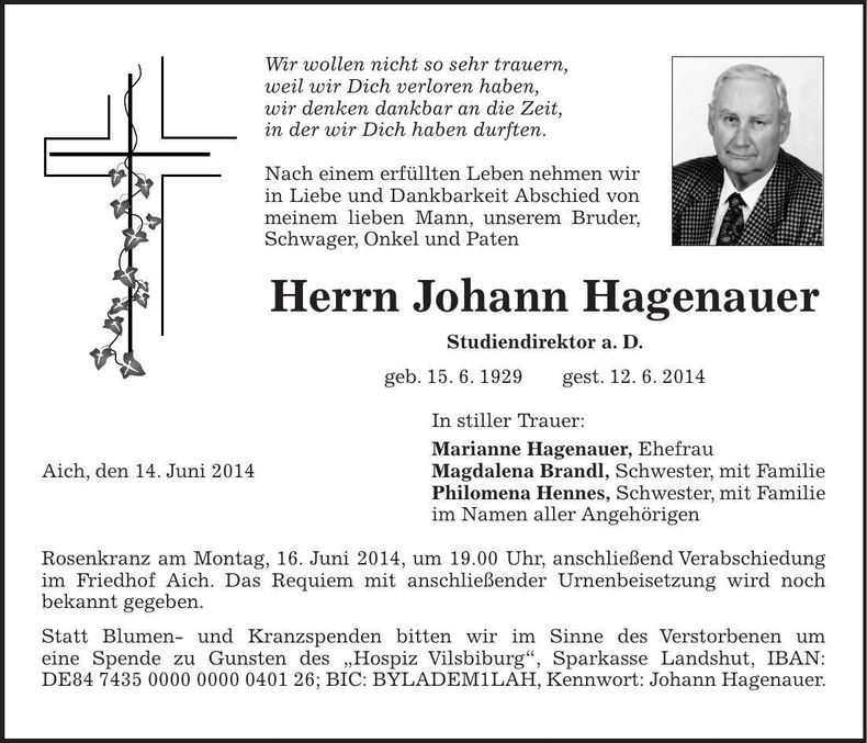 Traueranzeige Johann Hagenauer