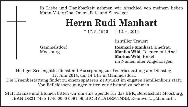 Traueranzeige Rudi Manhart