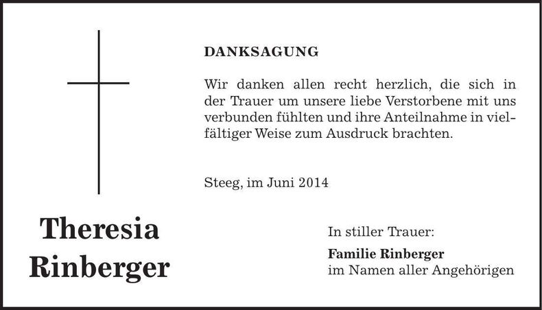 Traueranzeige Theresia Rinberger
