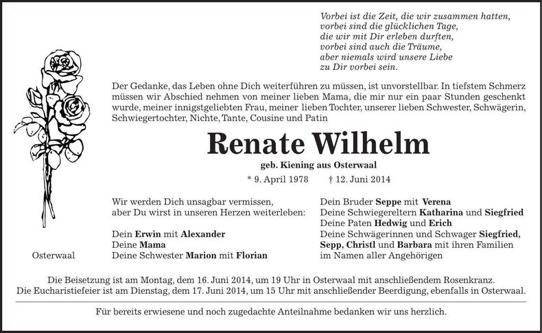 Traueranzeige Renate Wilhelm