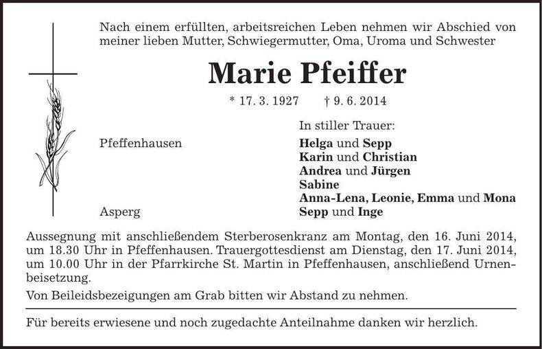 Traueranzeige Marie Pfeiffer