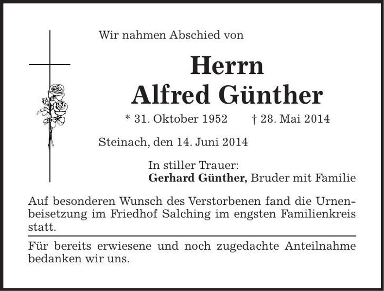 Traueranzeige Alfred Günther