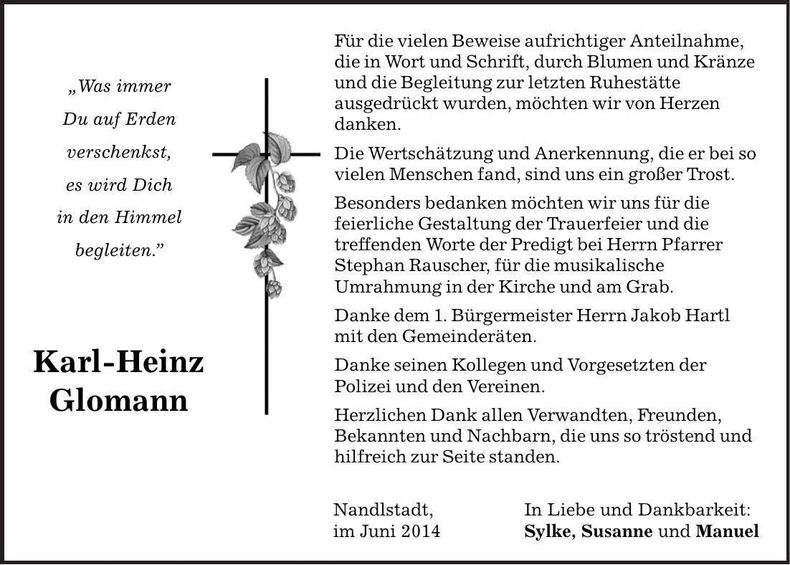 Traueranzeige Karl-Heinz Glomann